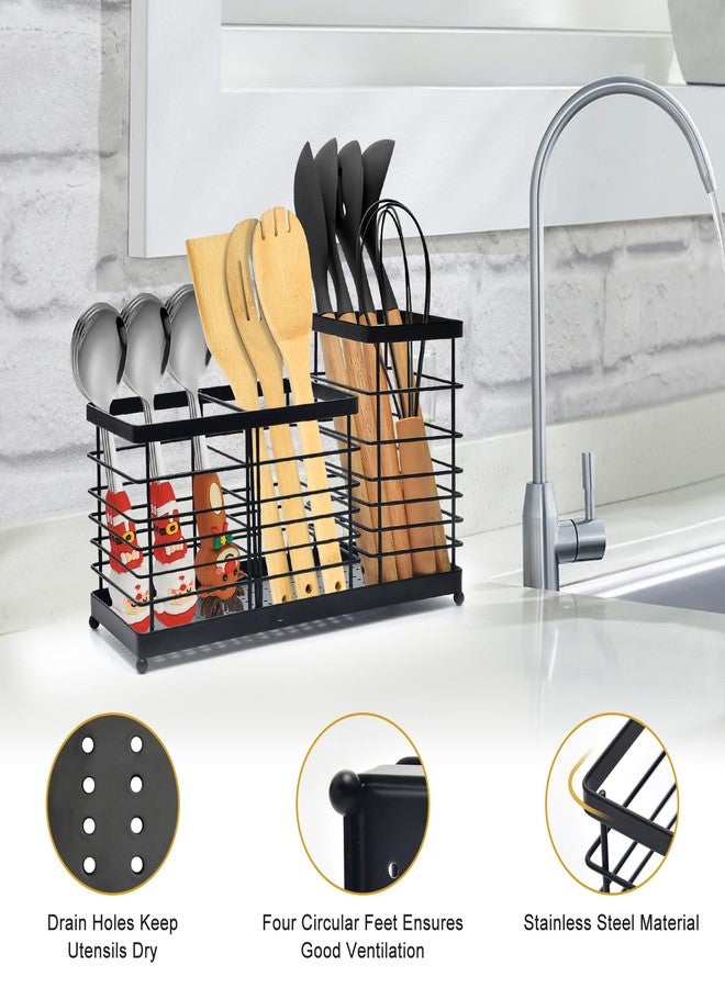 wishfly 3-In-1 Utensil Holder for Kitchen Counter,Matte Black Stainless Steel Spatula Holder with Metal Base,Removable Divider Kitchen Utensil Holder,Large Cooking Utensil Organizer for Farmhouse - Image 3